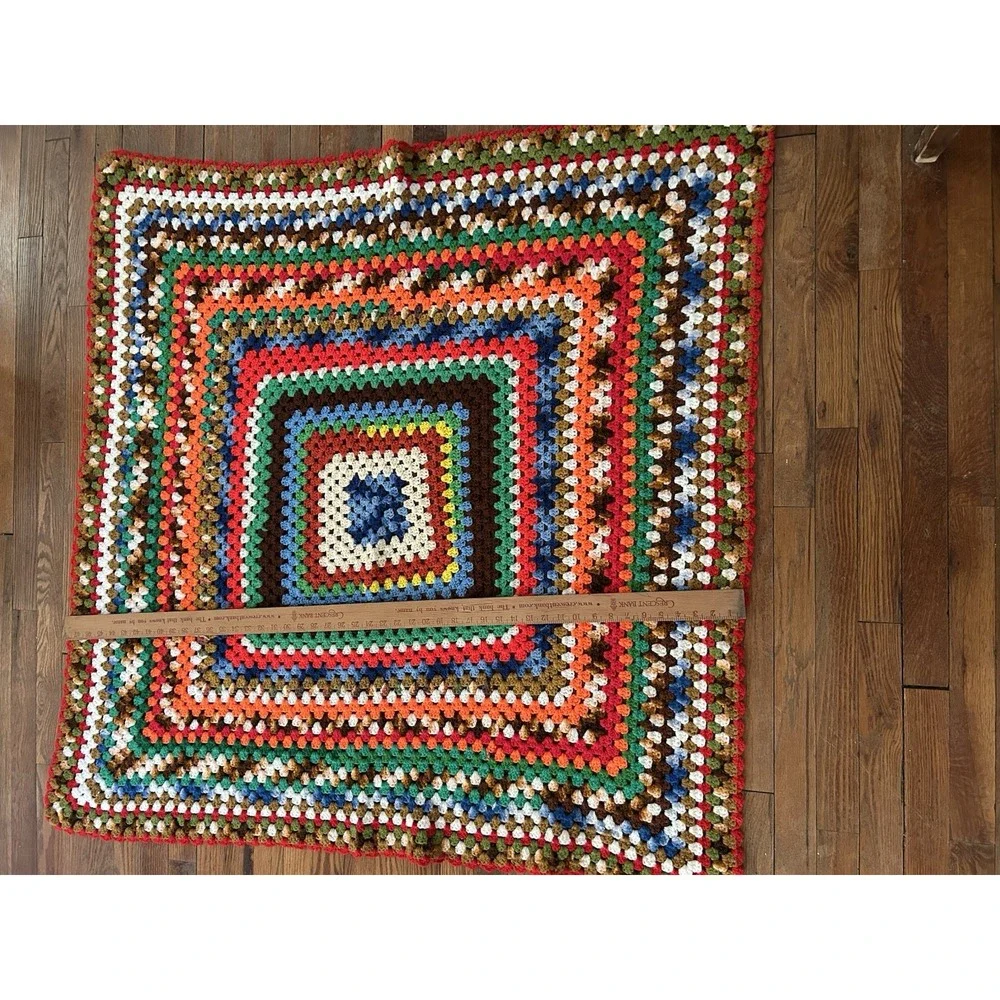 Vtg‎ Granny Square Crochet Afghan Blanket Blue/Brown/Red/White 48x48 Lap Blanket